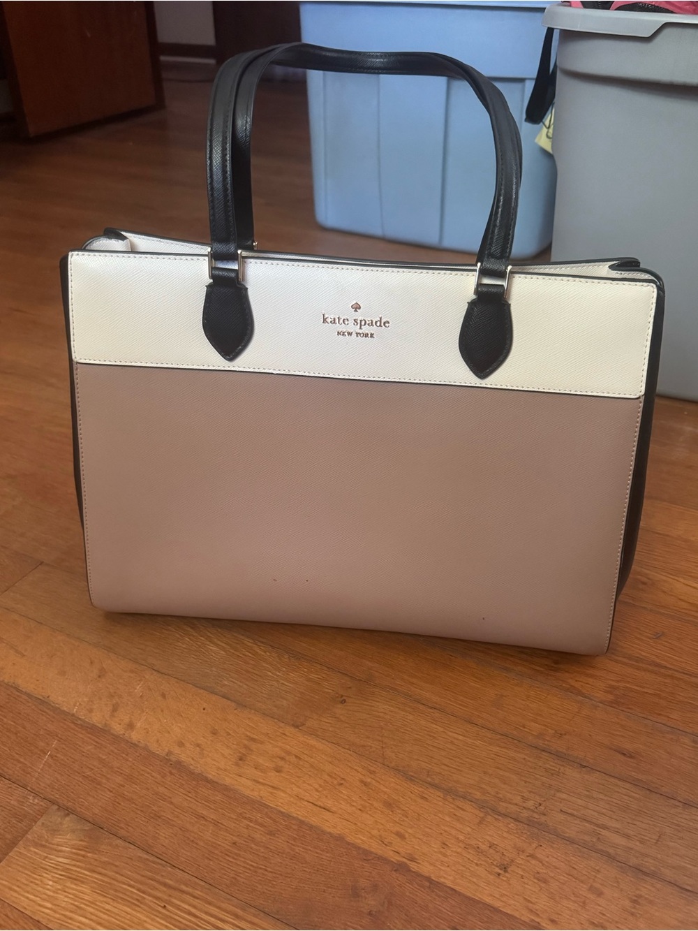 Kate Spade Madison East West Leather Laptop Tote in Toasted Hazelnut Beige Multi